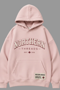 Northern Threads Women's 306 Bunnyhug in pink, Regina Sask. Prairie Roots Northern Soul graphic, front and back view