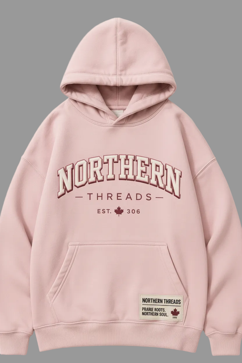 Northern Threads Women's 306 Bunnyhug in pink, Regina Sask. Prairie Roots Northern Soul graphic, front and back view