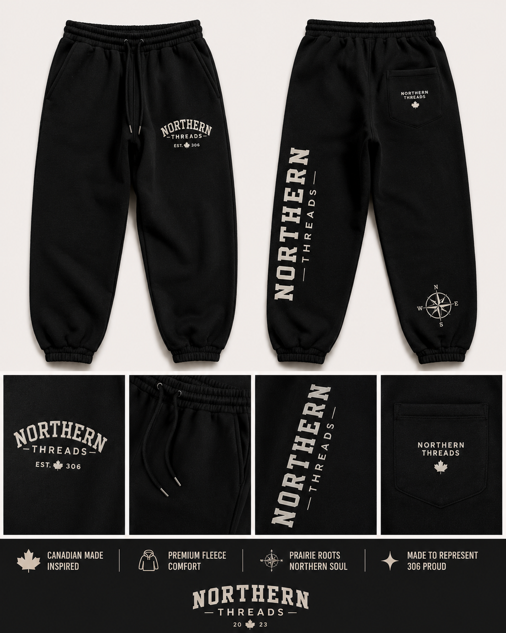 Northern Threads NT Sweatpants in black, front and back view with 306 and compass graphics