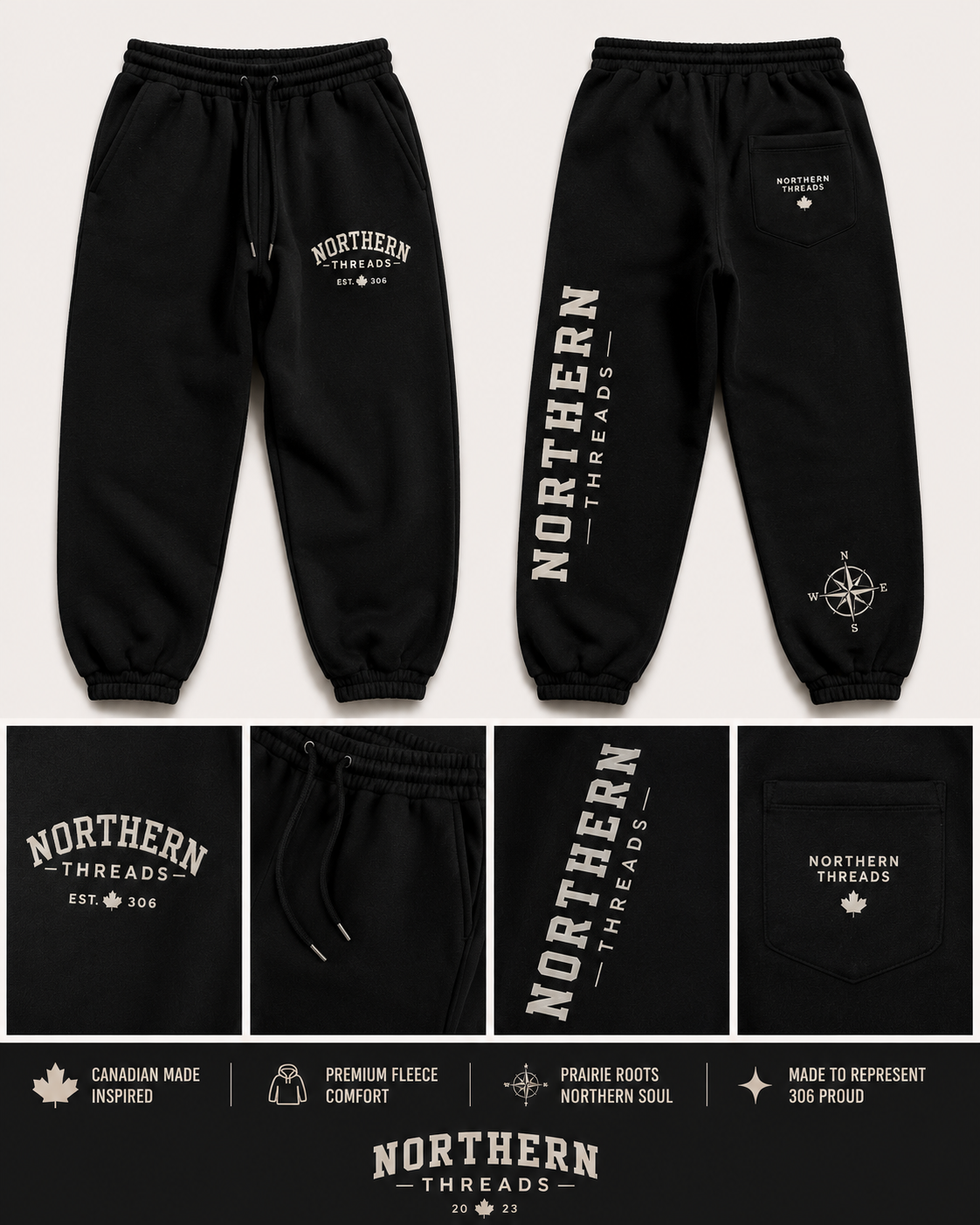 Northern Threads NT Sweatpants in black, front and back view with 306 and compass graphics