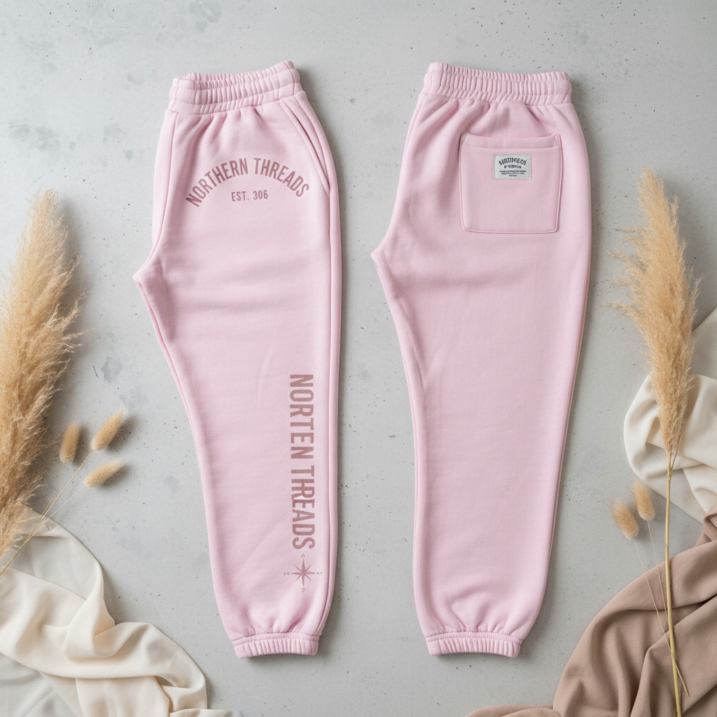 Northern Threads Women's NT Sweatpants in pastel pink with 306 and compass graphics