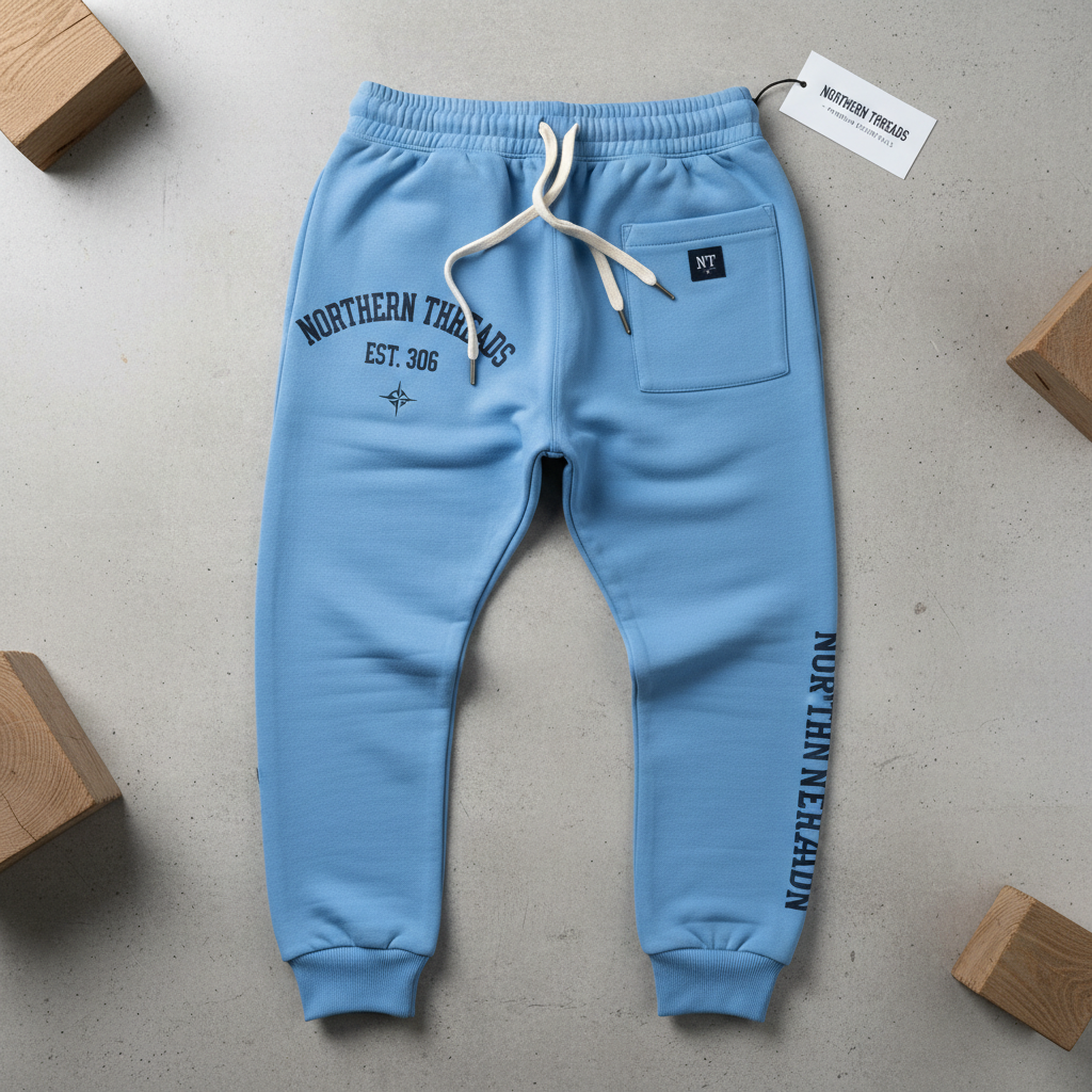 Northern Threads NT Sweatpants in baby blue with 306 and compass graphics