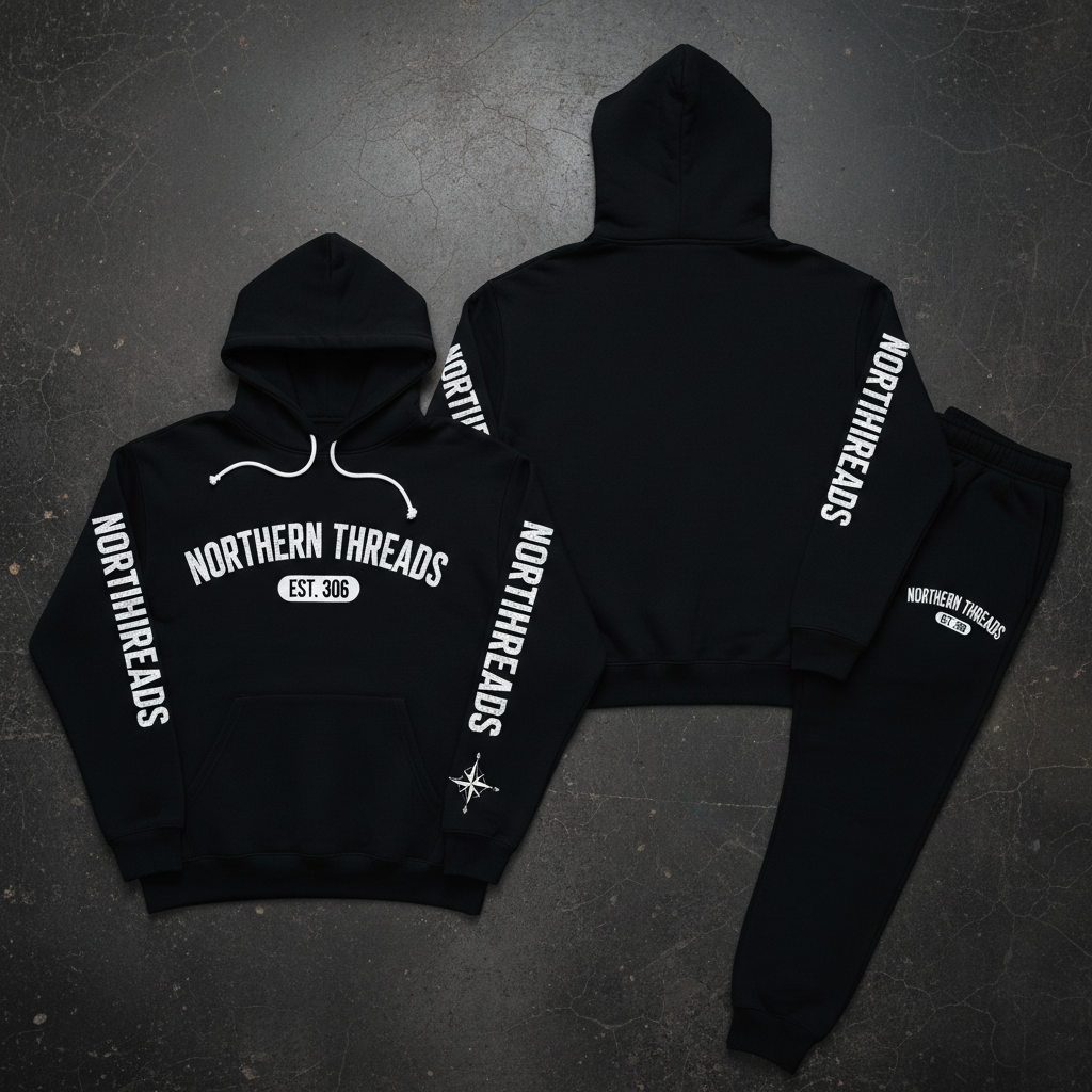 Northern Threads Men's 306 Bunnyhug in black with NT arch graphic and compass sleeve detail